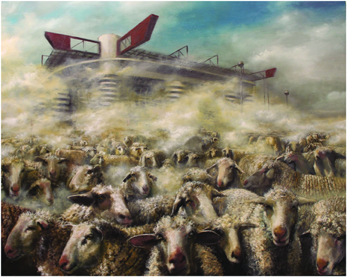 massimiliano alioto, pecore, 2012, olio su tela, 150x190-cm.